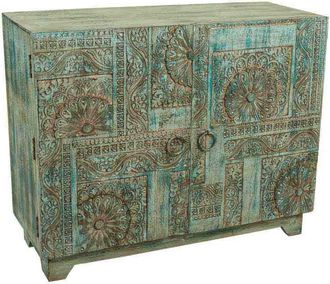 Wanderlust Deco Recibidor De Madera Tallada Azul 99x40x80 Cm