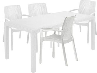 Dmora Conjunto De Sal&oacute;n Para Exterior Roccaraso, Conjunto Para Exterior E Interior, Mesa Rectangular Fija Con 4 Sillas, Fabricado En Italia, Color Blanco - 