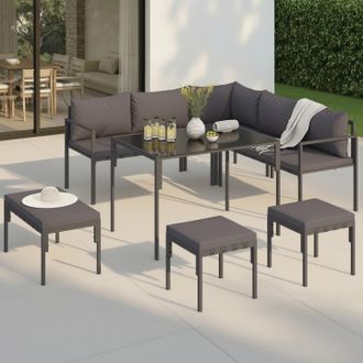 IDMarket Nayla Juego De Comedor Esquinero De Metal De 8 Plazas Con Cojines Grises, Mesa De Comedor, Sof&aacute; Esquinero, Banqueta Y Taburetes