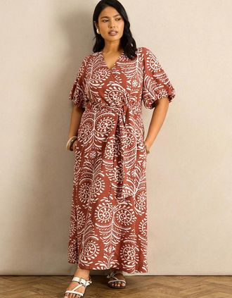 Live Unlimited London Womens Terracotta Print Linen Blend Puff Sleeve Wrap Dress - Orange/Brown - Size: 20
