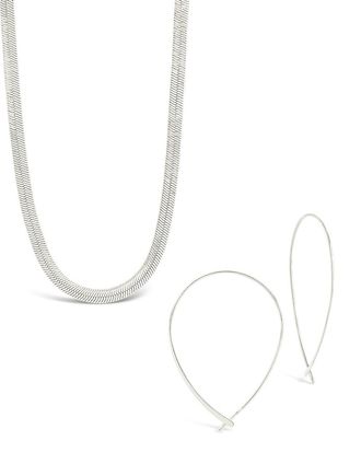 Sterling Forever Delicate Threader Hoop Earrings & Herringbone Chain Necklace Set