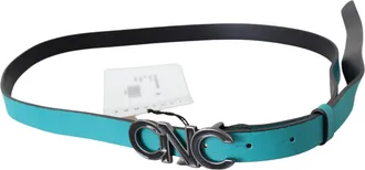 Costume National Blue Green Leather Logo Silver Buckle Womens Belt
