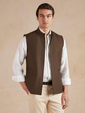 Oliver Brown Linen Gilet with Zip - Dark Brown