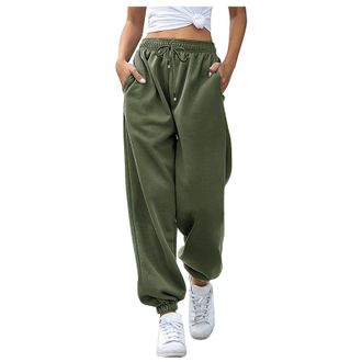 Generic Joggers for Women Baggy Elasticated Waist Jogging Bottoms Ladies Winter Sweatpants for Gym Yoga Plain Cozy Activewear Trousers with Pockets Green