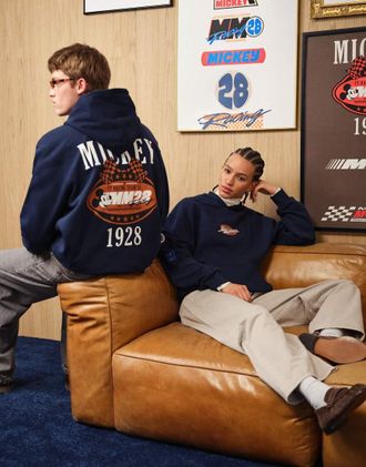 Asos Disney Racing - Felpa con cappuccio comoda blu medio con stampa di Topolino