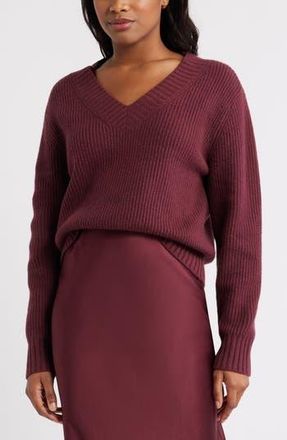 Open Edit Rib V-Neck Sweater in Burgundy Tannin at Nordstrom Rack, Size X-Large