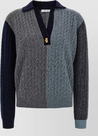 Ferragamo virgin wool color block cable-knit v-neck polo sweater