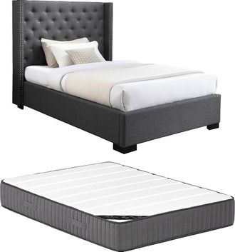 Vente-Unique Cama de 120 x 200 cm con cabecero capiton&eacute; - Tela - Gris + Colch&oacute;n - MASSIMO