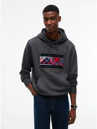 Tommy Hilfiger Mens Mixed-Plaid Flag Brushed-Back Hoodie - Dark Grey Heather - XXL