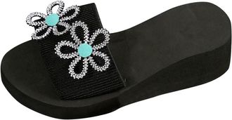 Generic Sky Blue Round Toe Rhinestone Flower Slippers for Women Open Toe Thick Bottom Wedge Heel Comfortable