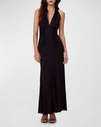 Diane Von Fürstenberg Makayla Ruched Deep V-Neck Halter Maxi Dress
