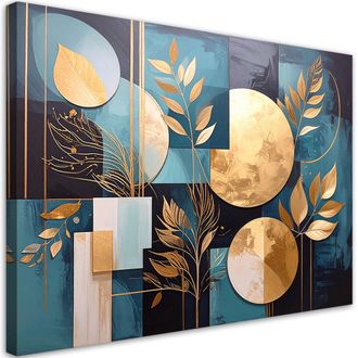 Feeby Cuadro En Lienzo, Abstracci&oacute;n Turquesa Y Dorada De C&iacute;rculos Y Hojas, 120x80