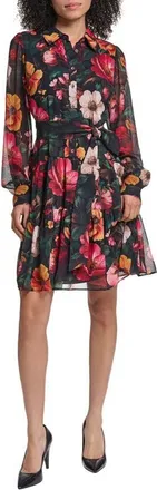 Karl Lagerfeld Print Tie Waist Long Sleeve Chiffon Dress in Black Port Combo at Nordstrom, Size 10