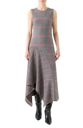 Akris Glen Plaid Asymmetric Virgin Wool Dress in Black-Cream-Vermillion at Nordstrom, Size 16