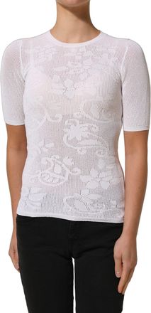 Alpha Studio Alpha Studio Floral Lace Knit Fabric Short Sleeves Blouse Womens Top