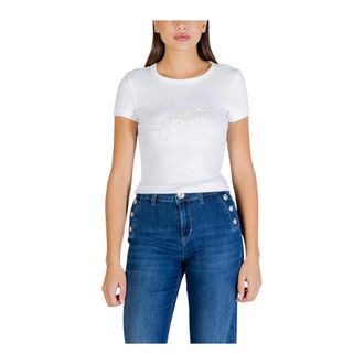 Guess T-Shirts, female, White, Size: XS Rhinestone Embellished Printed T-Shirt with Round Neck