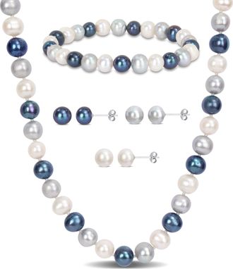 Mimi & Max Multi-Color Cultured Freshwater Pearl Necklace Stud Earrings Bracelet 5-Piece Set Sterling Silver