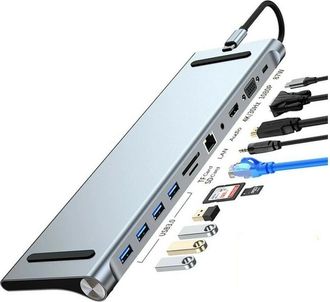 Trade Shop Trade Shop - Hub 11 En 1 Adapter Usb Type C Con Hdmi 4k Vga Ethernet Lan Sd Audio Pd Hu990