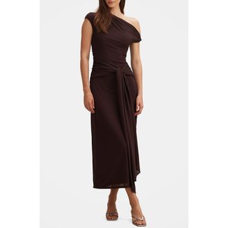 Ever New Piper Draped One-Shoulder Midi Dress in Chocolate at Nordstrom, Size 12