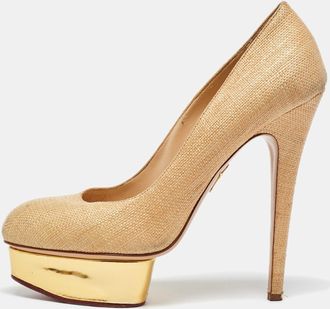 Charlotte Olympia Beige/gold Raffia And Leather Dolly Platform Pumps