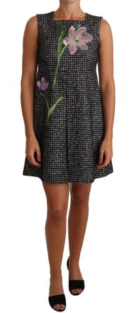 Dolce & Gabbana Vrouwen Grijs Houndstooth Bloemen Appliqué Shift Mini Jurk