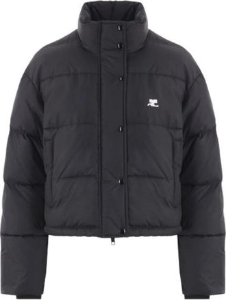 Courr&egrave;ges Zwarte Gewatteerde Cropped Jas met Logo Borduursel - Dames - Winterjassen - Zwart - L - Nylon - Jassen