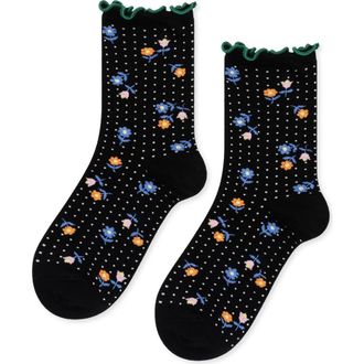 Hansel From Basel Dottie Floral Cotton Blend Crew Socks in Black at Nordstrom