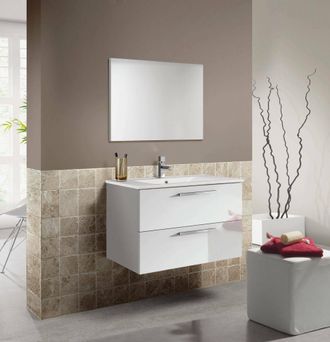 Dmora Dmora - Armario Bajo Encimera Dfell, Mueble De Ba&ntilde;o Suspendido, Armario Con 2 Cajones Y Espejo, 80x45h57 Cm, Blanco Brillante