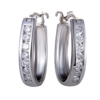 Luxury Bazaar 14K White Gold Oval Channel Set Diamond Hoop Huggies Earrings.33 Carat (0.33 ctw) Diamonds