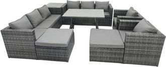 Fimous Fimous Rattan Dining Table Sofa Set with Armchair Side Table 2 Big Footstools Outdoor 10 Seat Garden Furniture Set Dark Grey Mixed