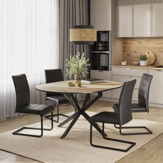 Vicco Set De Mesa De Comedor Loyd, Roble R&uacute;stico/negro, 120 X 120 Cm Con 4 Sillas De Comedor, Negro, Vicco