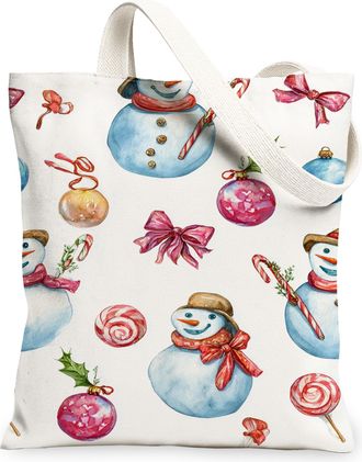 Generic Snow Man Canvas Tote Bags, Cute Winter Holiday Pattern Reusable Shopping Bags, Fanciful Festive Lightweight Washable Should, White, 13x15 Inch