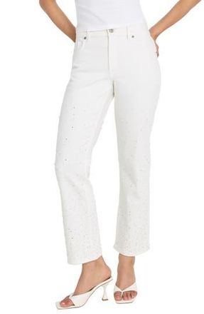 Good American Good Icon Faux Pearl Embellished High Waist Straight Leg Crop Jeans in White001 at Nordstrom Rack, Size 12