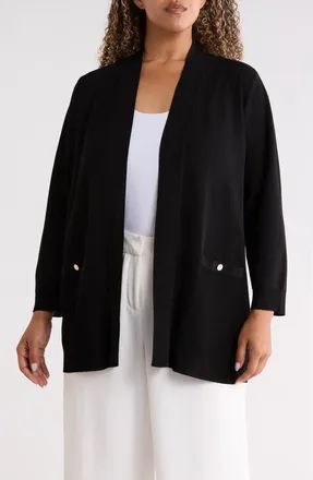 Anne Klein Rib Trim Open Front Cardigan in Anne Black at Nordstrom, Size 1X