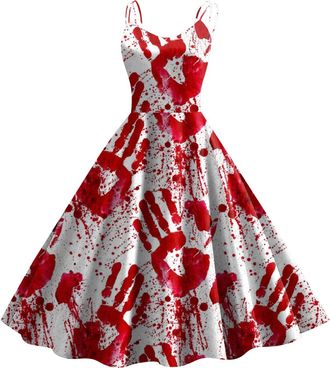 Generic Halloween Dress for Women Sleeveless Gothic Dress Women Rockabilly Retro 1950s Spaghetti Strap Swing A-Line Dresses Cocktail Party Evening Prom Gown H