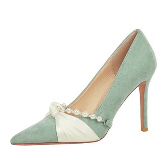 Generic Women Pointed Toe Stiletto High Heels 10CM Satin Wedding Pumps Pearl Chain Bow Suede Shoes for Bride Prom Party (Green,6.5)