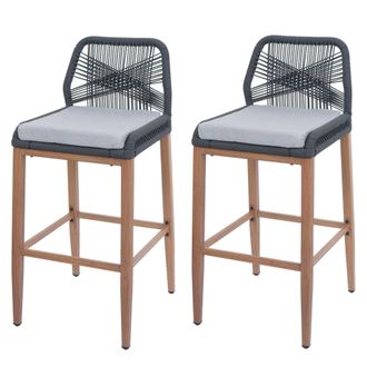 Hhg Hhg - Nunca Usado] Juego De 2 Taburetes De Bar De Cuerda 982, Asiento De Exterior De Cuerda De Metal Imitaci&oacute;n Madera, Antracita, Coj&iacute;n Gris Claro