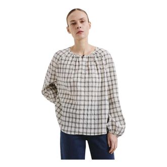 Pomandere Blouses, female, Gray, Size: S Blusa in tela di cotone check con dettaglio arricciatura al collo