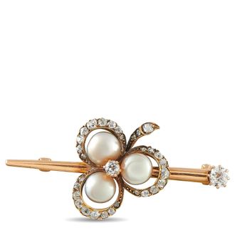 Luxury Bazaar Antique 15K Rose Gold 0.65ct Diamond and Pearl Brooch MF07-073026