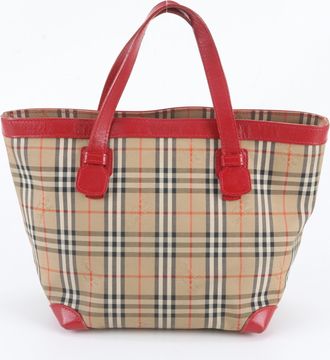 Burberry Beige Red Color Leather Canvas Handbag Tote Bag (Pre-Owned)