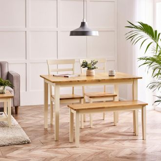 Furniturebox Salcombe Extending Rectangular Wooden Table with 2 Whitby Chairs & 1 Small Bench in Cream