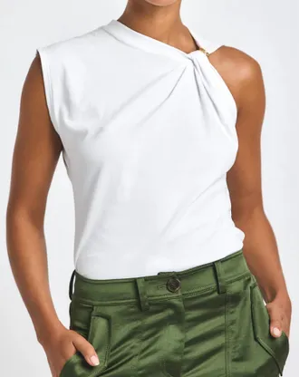 Derek Lam Nia Asymmetric Embellished Twist Tee In White