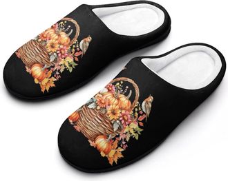 Generic Autumn Harvest Pumpkin Flowers Birds Mens Slippers Slip On Comfortable Fleece Cotton House Shoes Winter