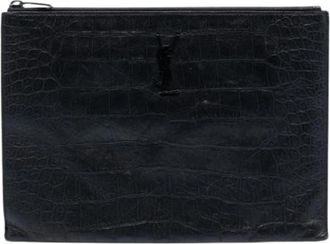 Saint Laurent Pre-owned Croc Embossed Clutch - Dames - Vintage Clutch - Zwart - ONE Size - Leer - Vintage
