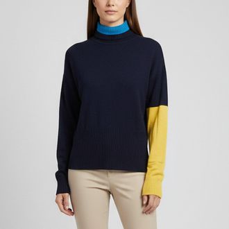 Sportmax Navy Blue Colorblock Knit Turtle Neck Sweater