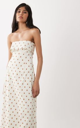 WeWoreWhat Vestito midi senza spalline con risvolto color avorio a pois-Bianco