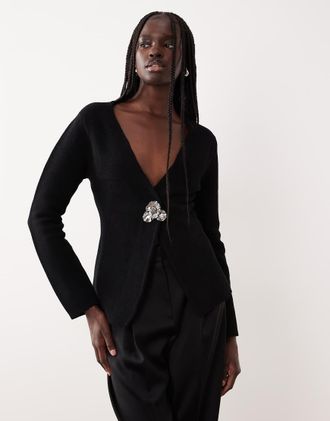 Mango Giacca in maglia compatta nera con fibbia decorativa-Nero