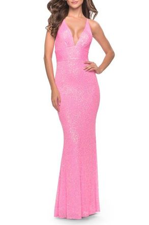 La Femme Sequin Stretch Long Prom Dress with Banded Waist in Neon in Neon Pink at Nordstrom, Size 00