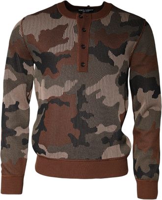 Dolce & Gabbana Mens Camouflage Crew Neck Sweater Brown Polyester Silk Viscose