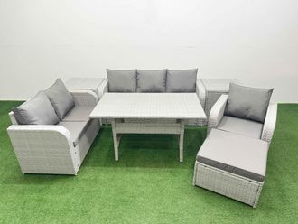 Fimous Patio PE Wicker 7 Seater Outdoor Rattan Furniture Sofa Sets w/ Rectangular Dining Table Reclining Chair Loveseat Sofa 3 Seater Sofa Big